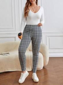 SHEIN Frenchy Plus Size Boho Plaid Print Leggings - Grey - View 4