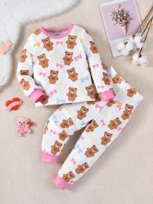 Baby Girl Bear Print Contrast Binding Snug Fit PJ Set - White - View 1