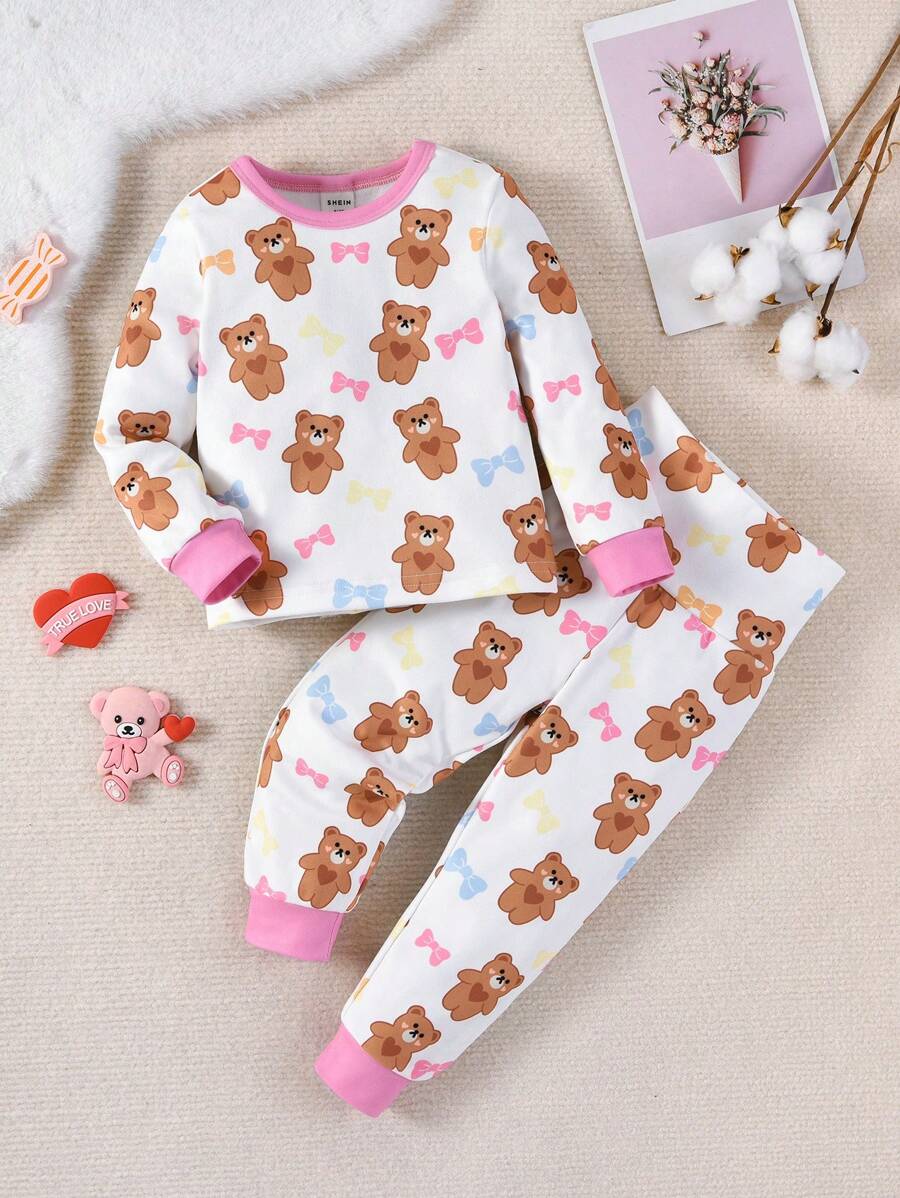 Baby Girl Bear Print Contrast Binding Snug Fit PJ Set - White - View 1