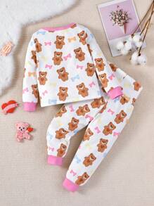Baby Girl Bear Print Contrast Binding Snug Fit PJ Set - White - View 2