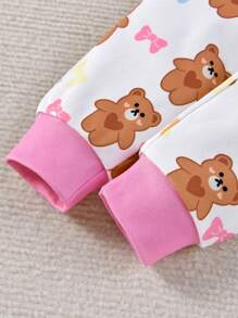Baby Girl Bear Print Contrast Binding Snug Fit PJ Set - White - View 3