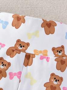 Baby Girl Bear Print Contrast Binding Snug Fit PJ Set - White - View 4