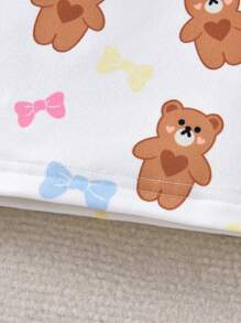 Baby Girl Bear Print Contrast Binding Snug Fit PJ Set - White - View 6