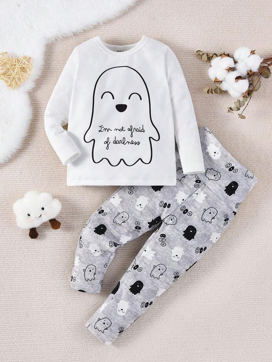 女嬰萬聖節卡通和標語圖案緊身睡衣套裝 - 白色 - 查看 1