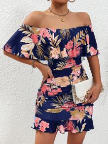 Breezaya Đầm trễ vai in họa tiết nhiệt đới cho kỳ nghỉ bãi biển dành cho nữ - Màu xanh hải quân - Xem 1