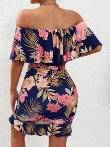 Breezaya Đầm trễ vai in họa tiết nhiệt đới cho kỳ nghỉ bãi biển dành cho nữ - Màu xanh hải quân - Xem 2