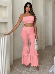 SHEIN SXY Lá sen tỉa Ống ngọn & Quần ống loe - Màu Hồng  San hô - Xem 1