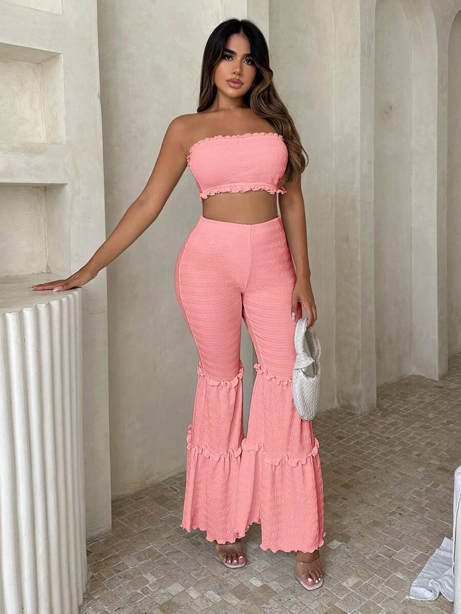 SHEIN SXY Lá sen tỉa Ống ngọn & Quần ống loe - Màu Hồng San hô - Xem 1