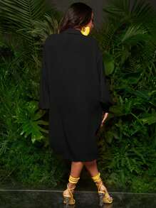 SHEIN SXY Solid Button Front Bishop Sleeve Shirt - Black - View 2