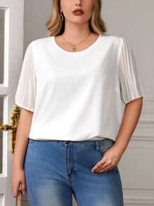 SHEIN Clasi Plus Solid Pleated Sleeve Blouse - White - View 1