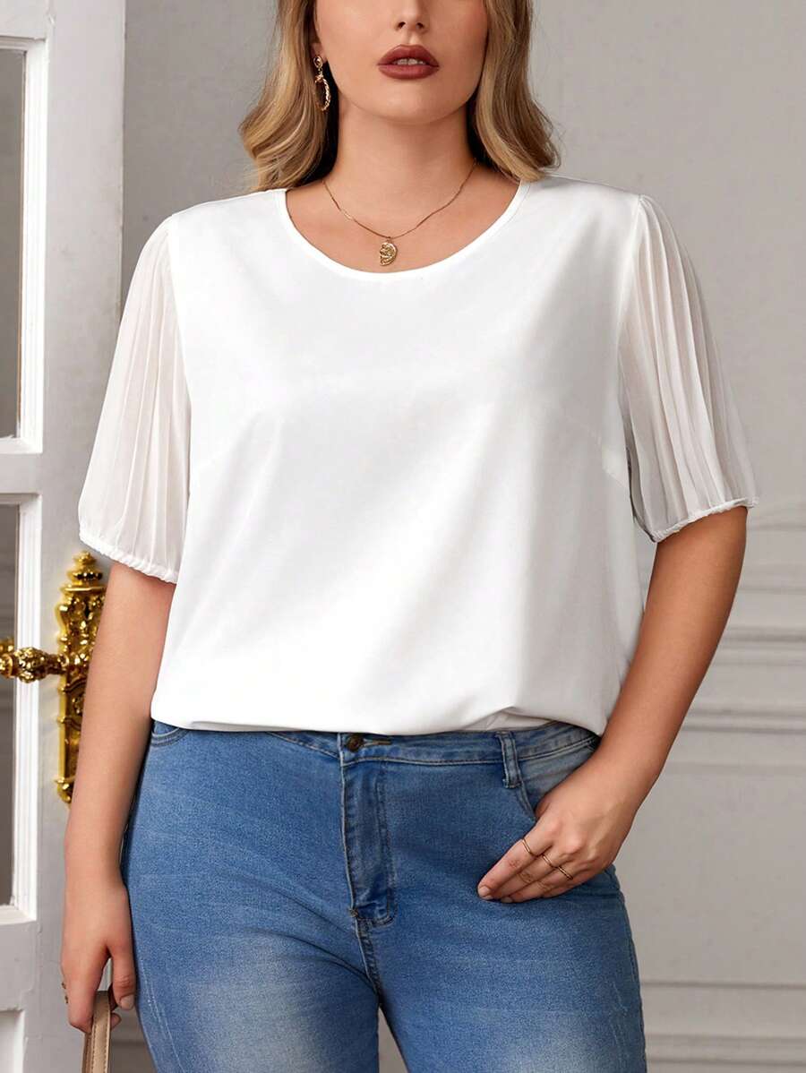 SHEIN Clasi Plus Solid Pleated Sleeve Blouse - White - View 1
