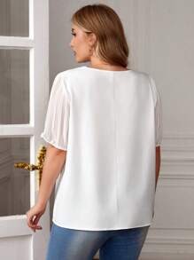 SHEIN Clasi Plus Solid Pleated Sleeve Blouse - White - View 2