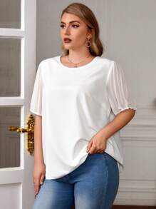 SHEIN Clasi Plus Solid Pleated Sleeve Blouse - White - View 3