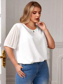 SHEIN Clasi Plus Solid Pleated Sleeve Blouse - White - View 5