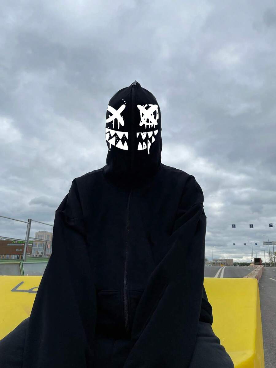 Manfinity EMRG Loose Fit Men's Cartoon Graphic Zipper Hoodie - Black - View 1