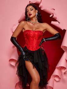 後背繫帶提花緞面全包束腰塑身衣緊身胸衣 - 紅色 - 查看 6