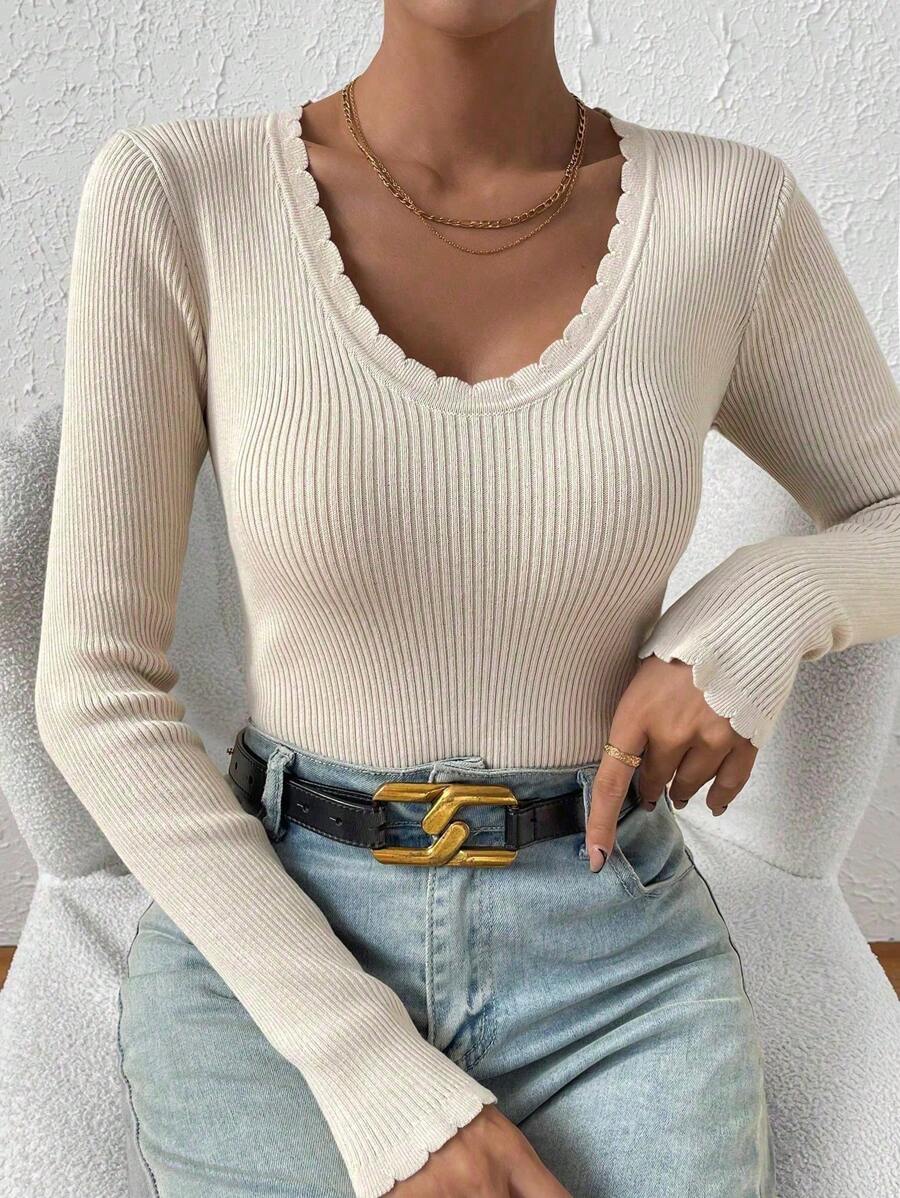 Chiquease 扇贝边罗纹针织毛衣、长袖上衣 - 杏色 - 查看 1