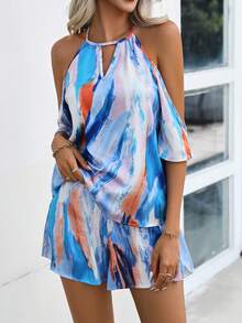 SHEIN VCAY Brush Print Cold Shoulder Blouse & Belted Shorts - Blue - View 4