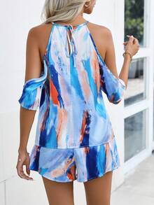 SHEIN VCAY Brush Print Cold Shoulder Blouse & Belted Shorts - Blue - View 5
