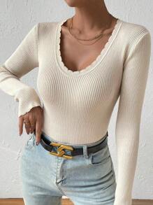 Chiquease 扇贝边罗纹针织毛衣、长袖上衣 - 杏色 - 查看 3