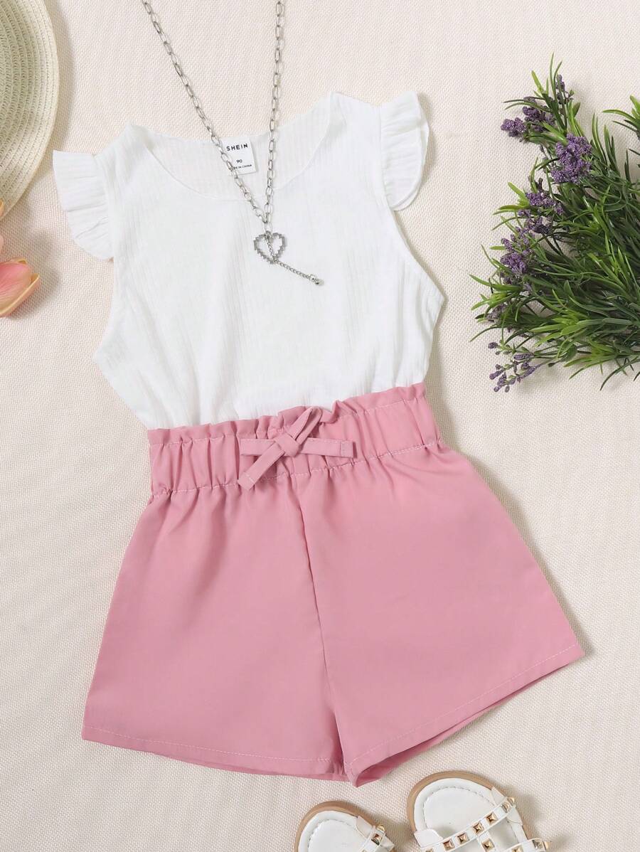 SHEIN 女孩荷葉邊短袖t卹和紙袋腰短褲