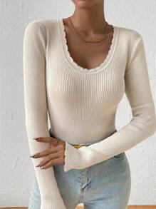 Chiquease 扇贝边罗纹针织毛衣、长袖上衣 - 杏色 - 查看 5