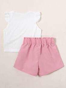 SHEIN 女孩荷葉邊短袖t卹和紙袋腰短褲