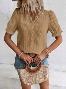 SHEIN LUNE Guipure Lace Insert Puff Sleeve Blouse