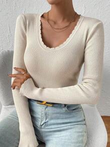 Chiquease 扇贝边罗纹针织毛衣、长袖上衣 - 杏色 - 查看 6