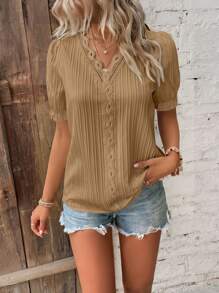 SHEIN LUNE Guipure Lace Insert Puff Sleeve Blouse