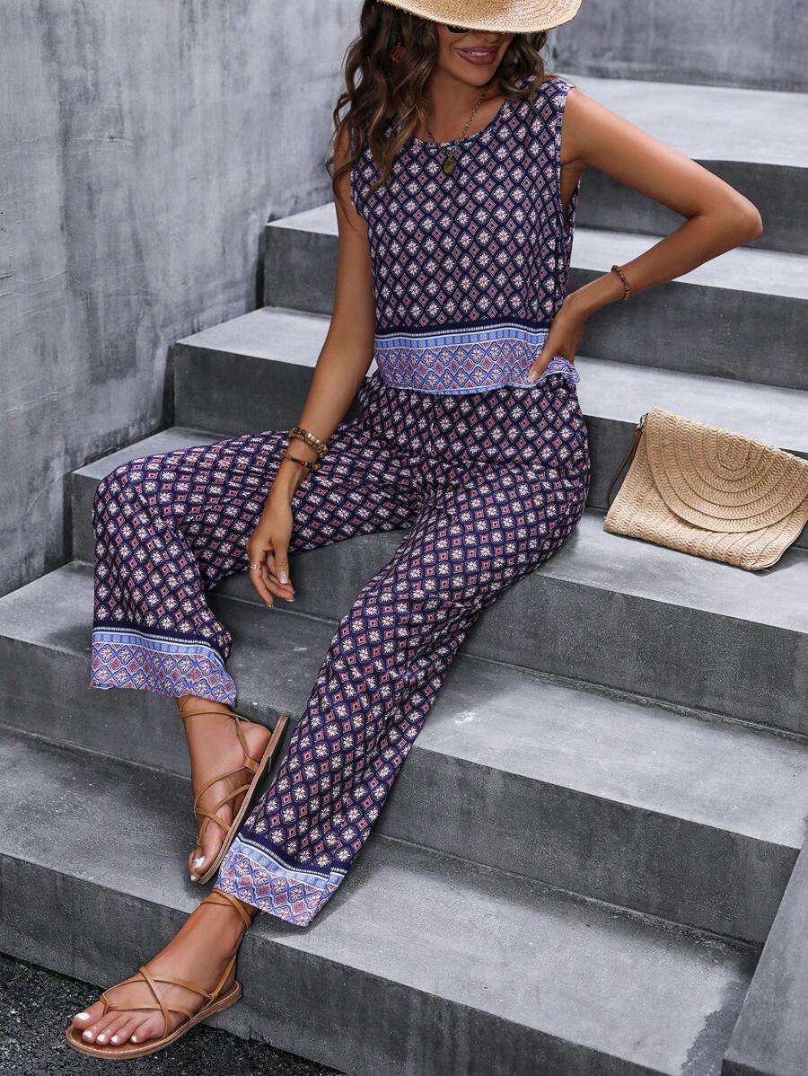 Breezaya 滿版印花背心上衣和闊腿褲 - 藍色 - 查看 1