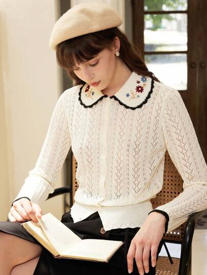 Simple Retro Floral Embroidery Pointelle Knit Cardigan