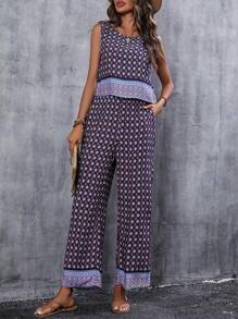 Breezaya 滿版印花背心上衣和闊腿褲 - 藍色 - 查看 3