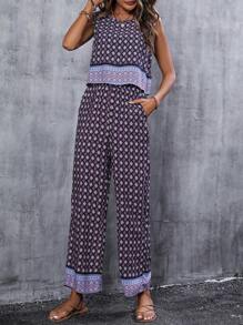 Breezaya 滿版印花背心上衣和闊腿褲 - 藍色 - 查看 4