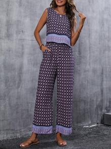 Breezaya 滿版印花背心上衣和闊腿褲 - 藍色 - 查看 5