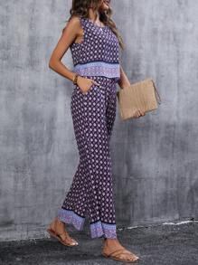 Breezaya 滿版印花背心上衣和闊腿褲 - 藍色 - 查看 6