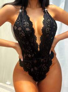 Classic Sexy Body teddy con encaje floral de cuello profundo