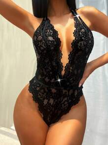 Classic Sexy Body teddy con encaje floral de cuello profundo