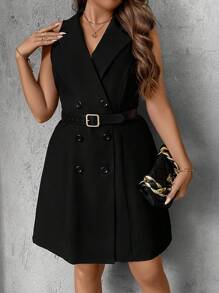 SHEIN Clasi 大碼雙排釦背心洋裝 - 黑色 - 查看 3