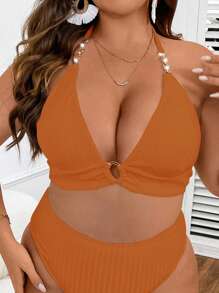 SHEIN Clasi Plus Ribbed Knit Ring Linked Bikini Top For Summer Beach Vacation - Brown - View 1