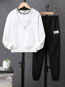 SHEIN Tween Boy Letter Embossed Contrast Trim Sweatshirt & Patch Detail Joggers - Black and White - View 1