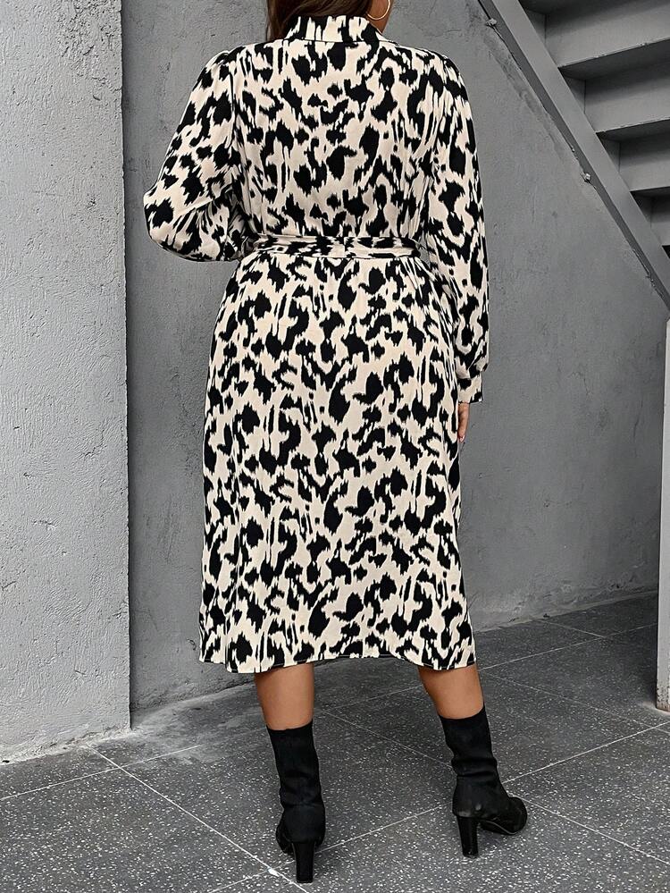 Plus Allover Print Belted Shirt Dress Fall Cloth For Women