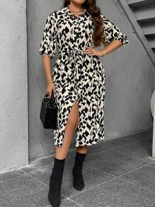 SHEIN LUNE 大碼滿版印花腰帶襯衫洋裝 - 彩色 - 查看 6