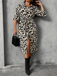 SHEIN LUNE 大碼滿版印花腰帶襯衫洋裝 - 彩色 - 查看 5