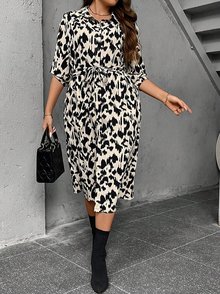 Plus Allover Print Belted Shirt Dress Fall Cloth For Women