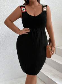 SHEIN LUNE 大碼花卉圖案腰部抽繩毛衣洋裝 - 黑色 - 查看 5