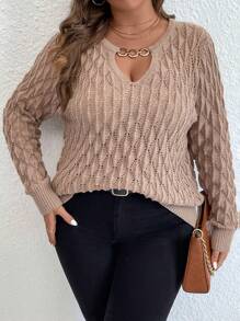 EMERY ROSE Plus Chain Detail Keyhole Neckline Sweater, For Winter Knit Pullover Fall Outfit - Khaki - View 6