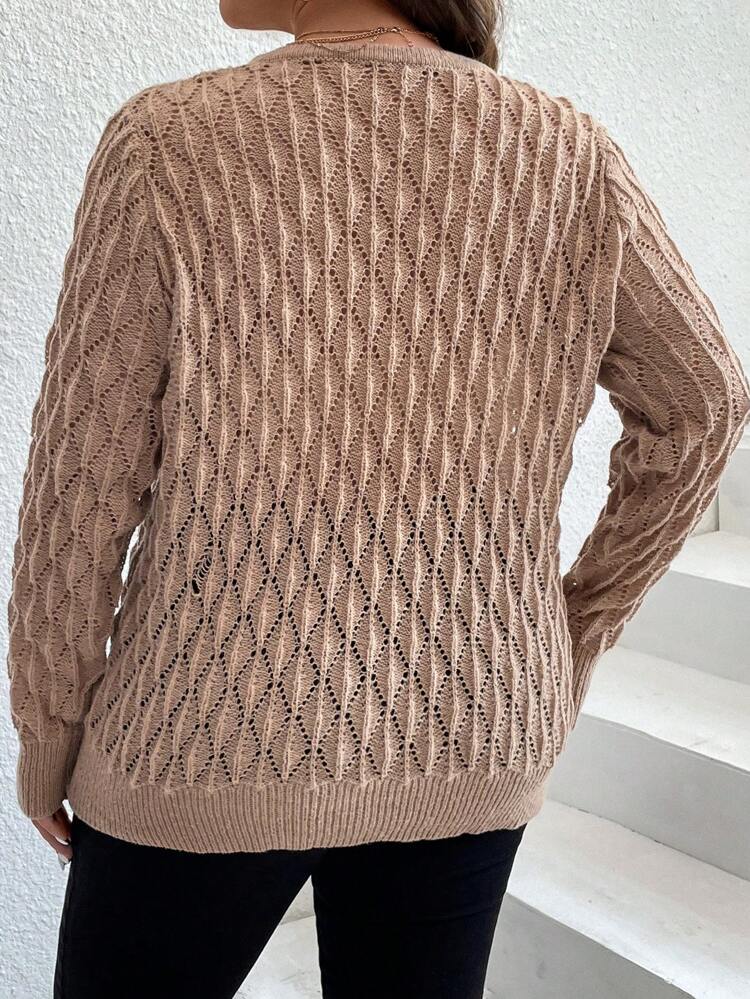 Plus Chain Detail Keyhole Neckline Sweater, For Winter Knit Pullover Fall Sweater