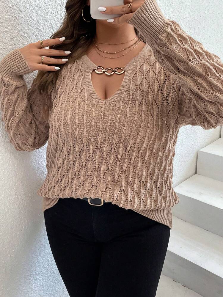 Plus Chain Detail Keyhole Neckline Sweater, For Winter Knit Pullover Fall Sweater