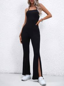 SHEIN Essnce 素色高衩喇叭繞頸連體褲 - 黑色 - 查看 3